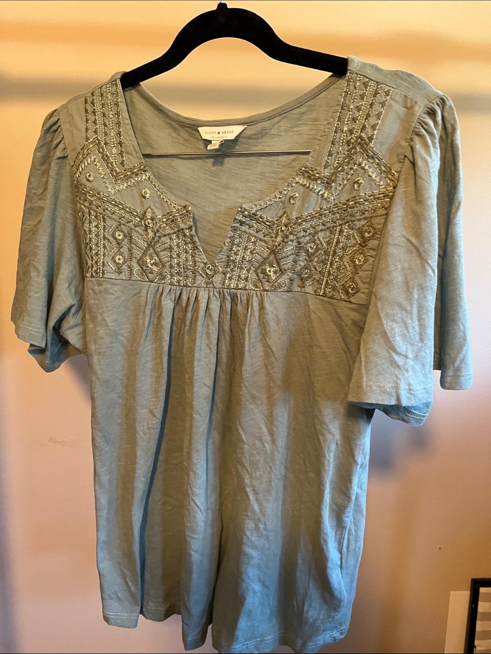 Lucky Brand Sage Green Embroidered V-Neck Tunic
